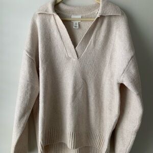 H&M Light Beige V-Neck Collared Pullover Sweater